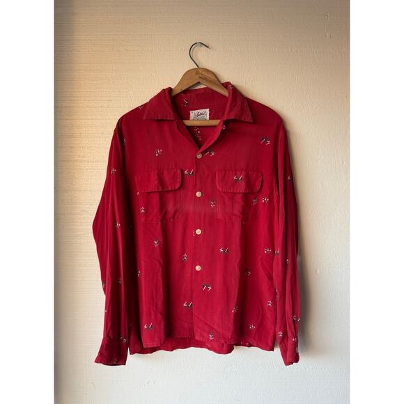 VTG 1940s/50s Holiday Sportswear Red Pilgrim Print Button Up Shirt Size Small - Picture 1 of 9